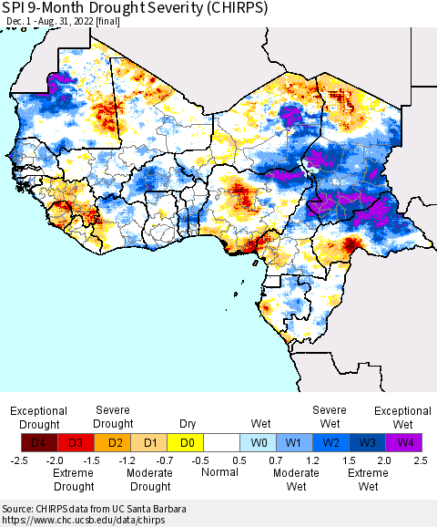 Western Africa SPI 9-Month Drought Severity (CHIRPS) Thematic Map For 12/1/2021 - 8/31/2022