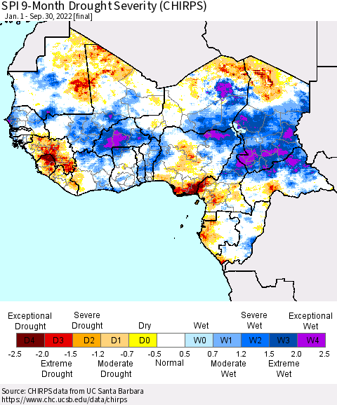Western Africa SPI 9-Month Drought Severity (CHIRPS) Thematic Map For 1/1/2022 - 9/30/2022