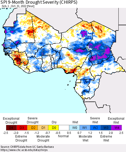 Western Africa SPI 9-Month Drought Severity (CHIRPS) Thematic Map For 2/1/2022 - 10/31/2022