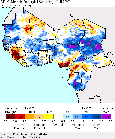 Western Africa SPI 9-Month Drought Severity (CHIRPS) Thematic Map For 7/1/2022 - 3/31/2023