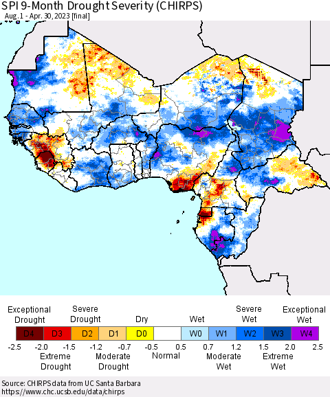 Western Africa SPI 9-Month Drought Severity (CHIRPS) Thematic Map For 8/1/2022 - 4/30/2023