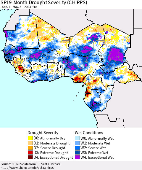 Western Africa SPI 9-Month Drought Severity (CHIRPS) Thematic Map For 9/1/2022 - 5/31/2023