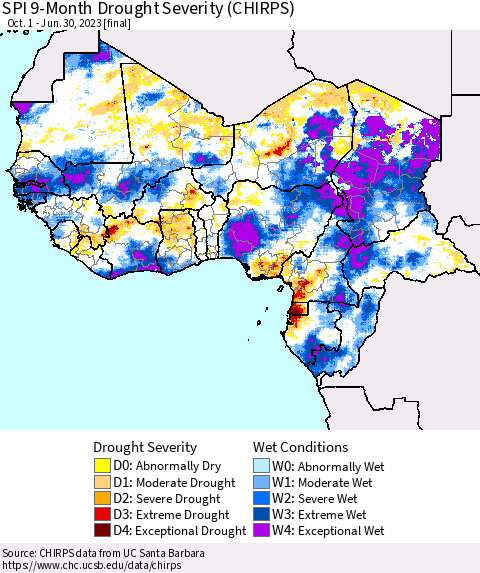 Western Africa SPI 9-Month Drought Severity (CHIRPS) Thematic Map For 10/1/2022 - 6/30/2023