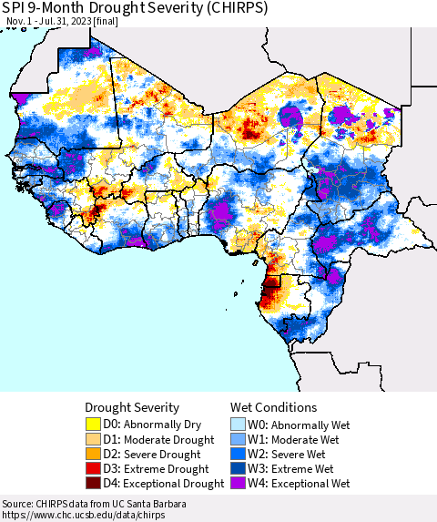 Western Africa SPI 9-Month Drought Severity (CHIRPS) Thematic Map For 11/1/2022 - 7/31/2023