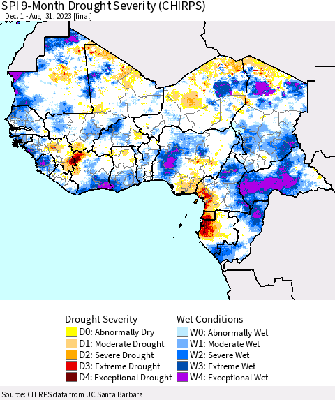 Western Africa SPI 9-Month Drought Severity (CHIRPS) Thematic Map For 12/1/2022 - 8/31/2023