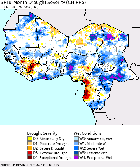Western Africa SPI 9-Month Drought Severity (CHIRPS) Thematic Map For 1/1/2023 - 9/30/2023