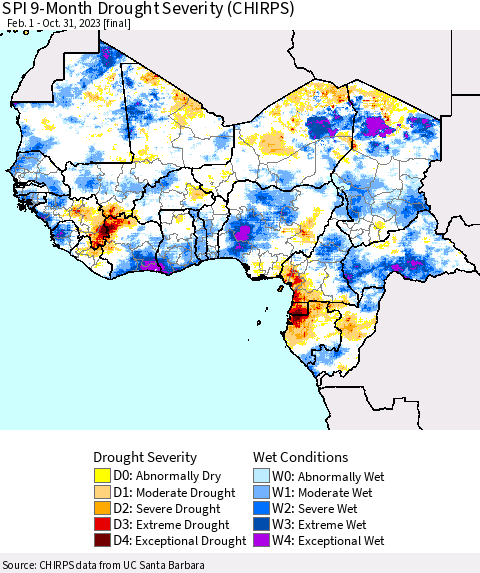 Western Africa SPI 9-Month Drought Severity (CHIRPS) Thematic Map For 2/1/2023 - 10/31/2023