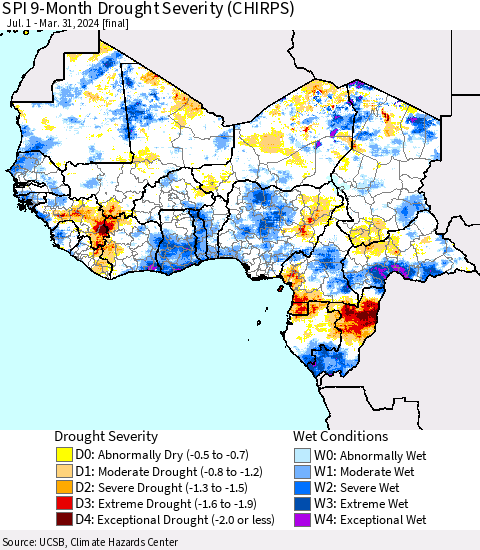 Western Africa SPI 9-Month Drought Severity (CHIRPS) Thematic Map For 7/1/2023 - 3/31/2024