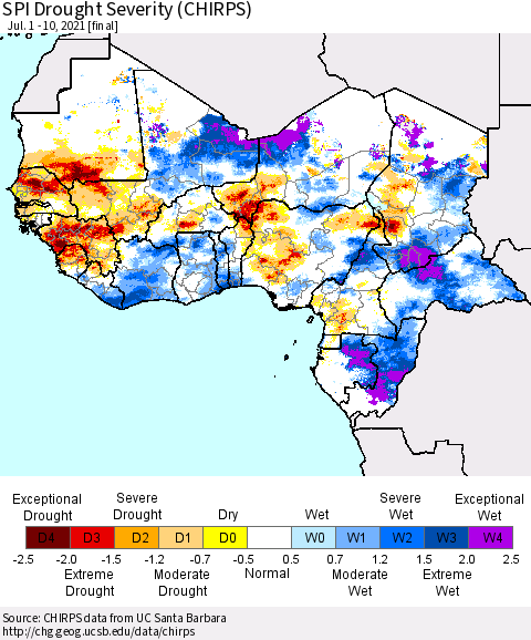 Western Africa SPI Drought Severity (CHIRPS) Thematic Map For 7/1/2021 - 7/10/2021