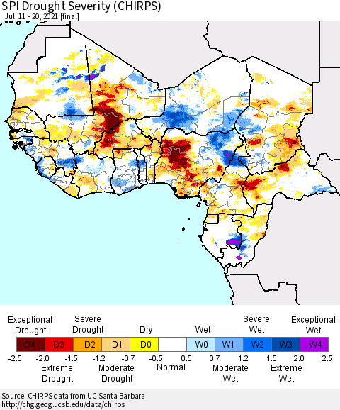 Western Africa SPI Drought Severity (CHIRPS) Thematic Map For 7/11/2021 - 7/20/2021
