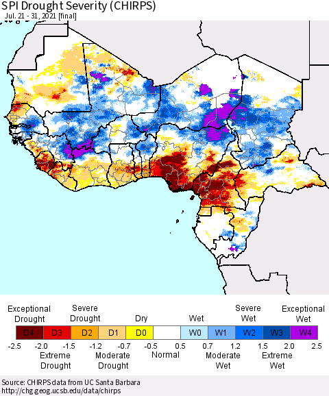 Western Africa SPI Drought Severity (CHIRPS) Thematic Map For 7/21/2021 - 7/31/2021