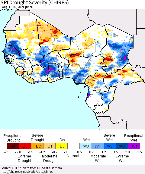 Western Africa SPI Drought Severity (CHIRPS) Thematic Map For 8/1/2021 - 8/10/2021