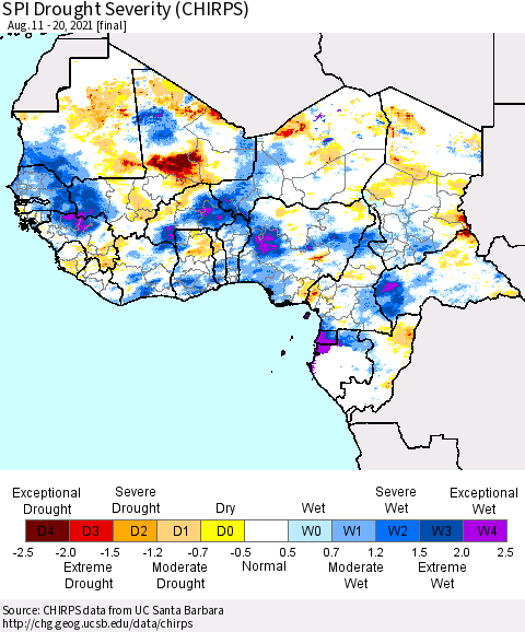 Western Africa SPI Drought Severity (CHIRPS) Thematic Map For 8/11/2021 - 8/20/2021