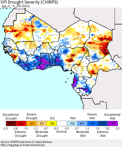 Western Africa SPI Drought Severity (CHIRPS) Thematic Map For 8/21/2021 - 8/31/2021