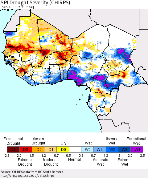 Western Africa SPI Drought Severity (CHIRPS) Thematic Map For 9/1/2021 - 9/10/2021