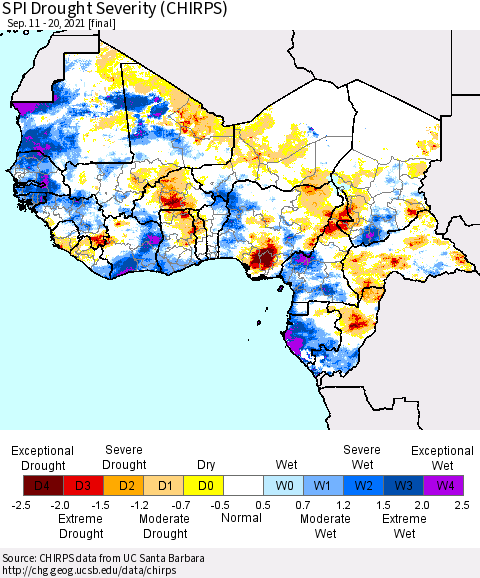 Western Africa SPI Drought Severity (CHIRPS) Thematic Map For 9/11/2021 - 9/20/2021