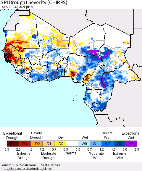 Western Africa SPI Drought Severity (CHIRPS) Thematic Map For 9/21/2021 - 9/30/2021
