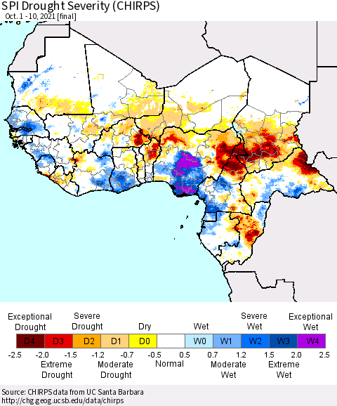Western Africa SPI Drought Severity (CHIRPS) Thematic Map For 10/1/2021 - 10/10/2021
