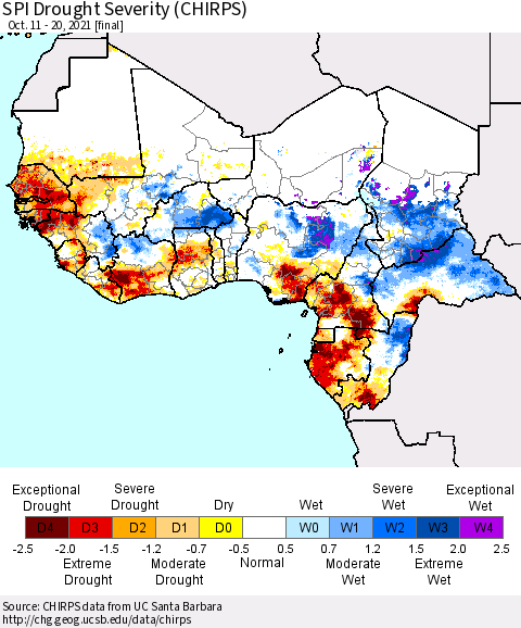 Western Africa SPI Drought Severity (CHIRPS) Thematic Map For 10/11/2021 - 10/20/2021