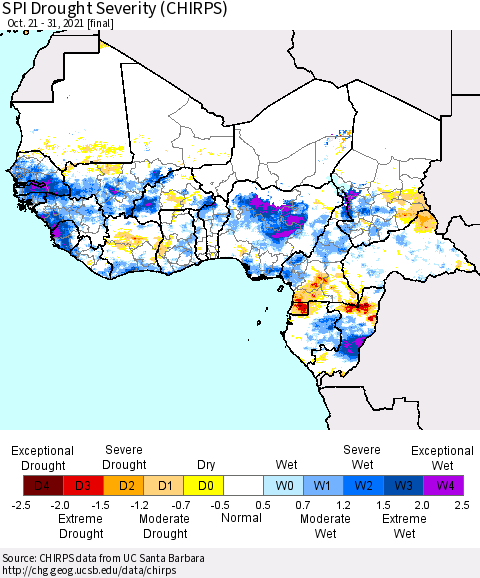 Western Africa SPI Drought Severity (CHIRPS) Thematic Map For 10/21/2021 - 10/31/2021