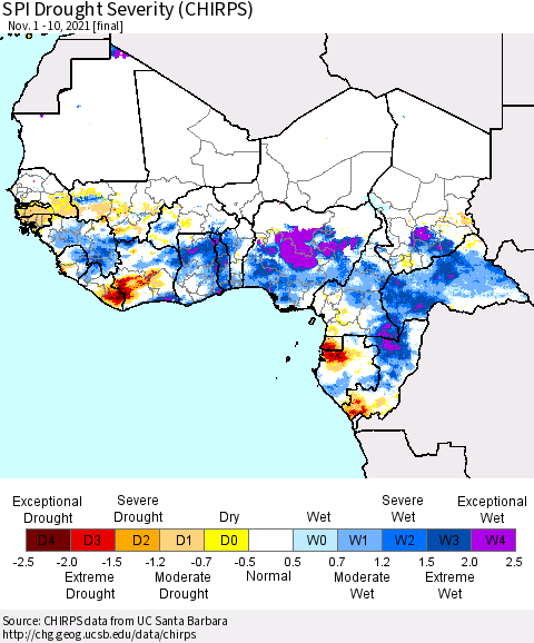 Western Africa SPI Drought Severity (CHIRPS) Thematic Map For 11/1/2021 - 11/10/2021