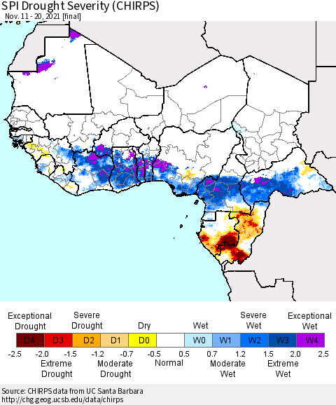 Western Africa SPI Drought Severity (CHIRPS) Thematic Map For 11/11/2021 - 11/20/2021