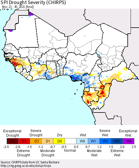 Western Africa SPI Drought Severity (CHIRPS) Thematic Map For 11/21/2021 - 11/30/2021