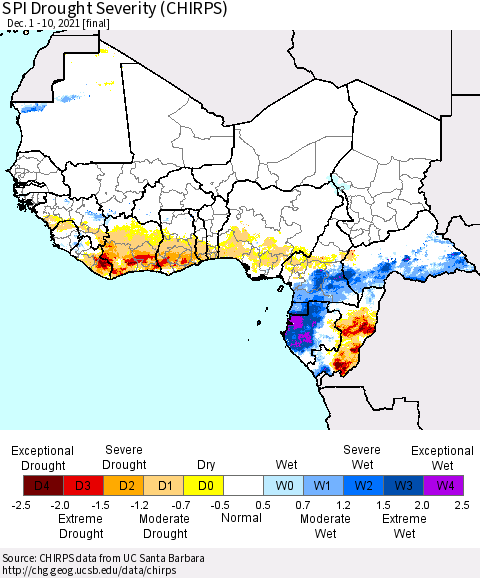 Western Africa SPI Drought Severity (CHIRPS) Thematic Map For 12/1/2021 - 12/10/2021