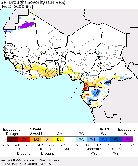Western Africa SPI Drought Severity (CHIRPS) Thematic Map For 12/11/2021 - 12/20/2021