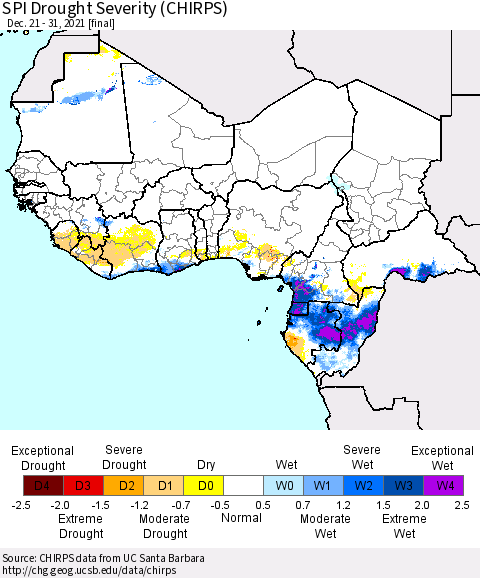 Western Africa SPI Drought Severity (CHIRPS) Thematic Map For 12/21/2021 - 12/31/2021