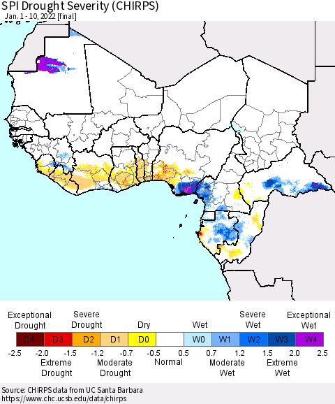 Western Africa SPI Drought Severity (CHIRPS) Thematic Map For 1/1/2022 - 1/10/2022