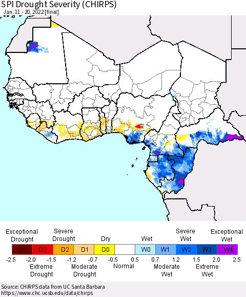 Western Africa SPI Drought Severity (CHIRPS) Thematic Map For 1/11/2022 - 1/20/2022