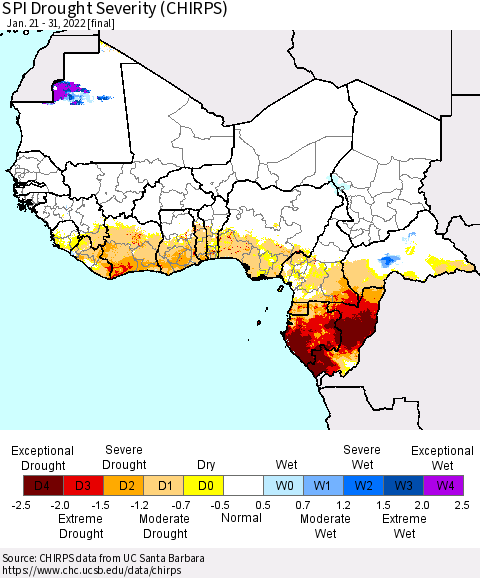 Western Africa SPI Drought Severity (CHIRPS) Thematic Map For 1/21/2022 - 1/31/2022