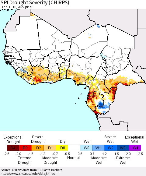 Western Africa SPI Drought Severity (CHIRPS) Thematic Map For 2/1/2022 - 2/10/2022