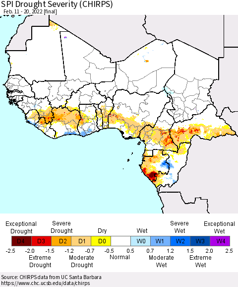 Western Africa SPI Drought Severity (CHIRPS) Thematic Map For 2/11/2022 - 2/20/2022