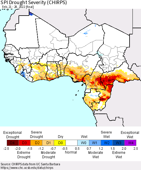 Western Africa SPI Drought Severity (CHIRPS) Thematic Map For 2/21/2022 - 2/28/2022