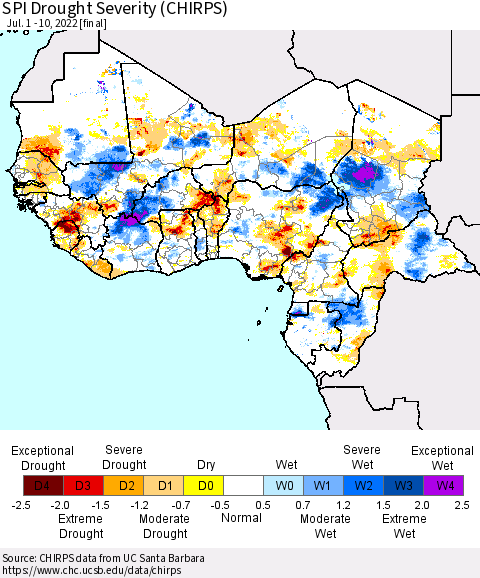 Western Africa SPI Drought Severity (CHIRPS) Thematic Map For 7/1/2022 - 7/10/2022