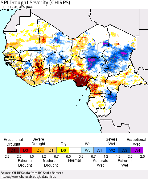 Western Africa SPI Drought Severity (CHIRPS) Thematic Map For 7/11/2022 - 7/20/2022