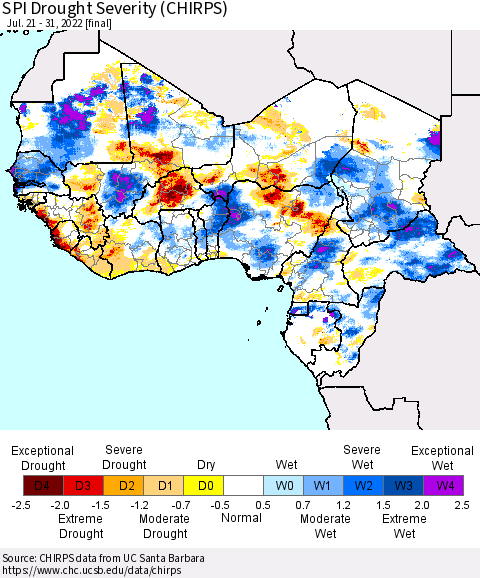 Western Africa SPI Drought Severity (CHIRPS) Thematic Map For 7/21/2022 - 7/31/2022