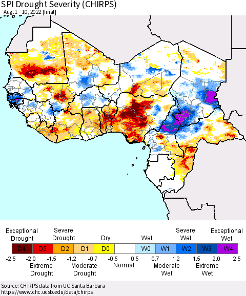 Western Africa SPI Drought Severity (CHIRPS) Thematic Map For 8/1/2022 - 8/10/2022