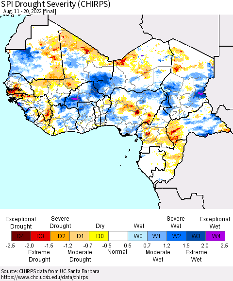 Western Africa SPI Drought Severity (CHIRPS) Thematic Map For 8/11/2022 - 8/20/2022