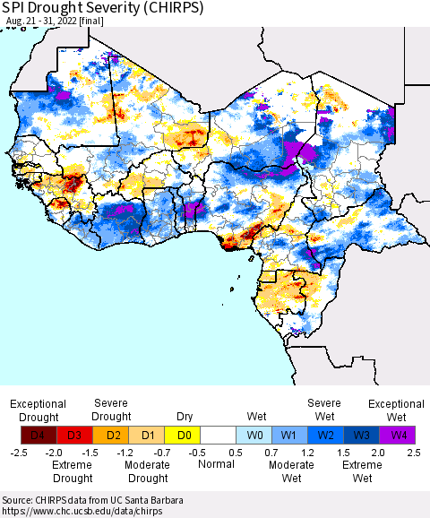 Western Africa SPI Drought Severity (CHIRPS) Thematic Map For 8/21/2022 - 8/31/2022