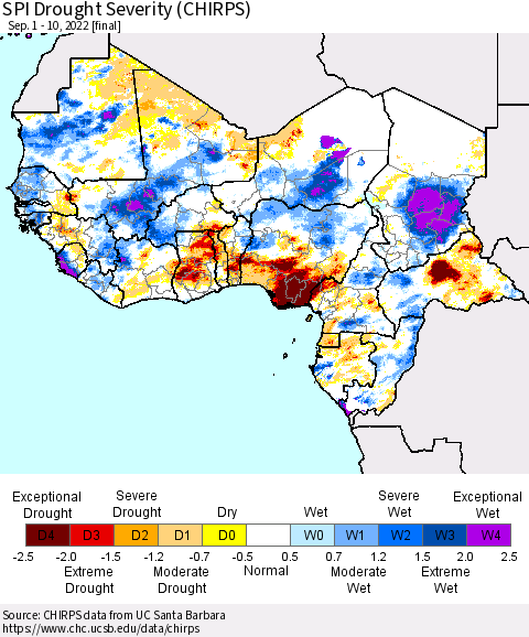Western Africa SPI Drought Severity (CHIRPS) Thematic Map For 9/1/2022 - 9/10/2022