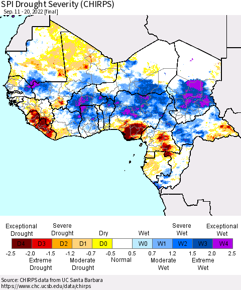 Western Africa SPI Drought Severity (CHIRPS) Thematic Map For 9/11/2022 - 9/20/2022