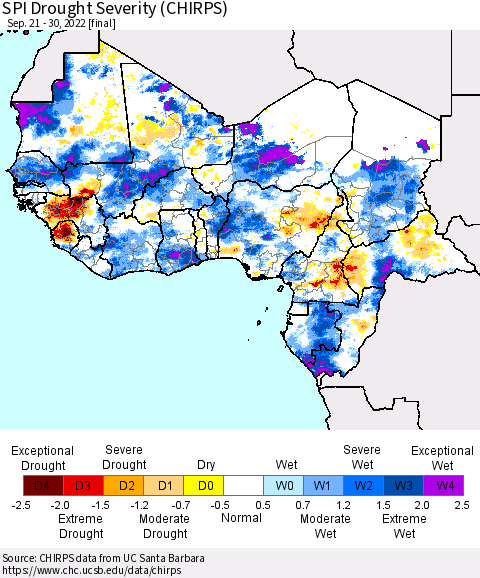 Western Africa SPI Drought Severity (CHIRPS) Thematic Map For 9/21/2022 - 9/30/2022