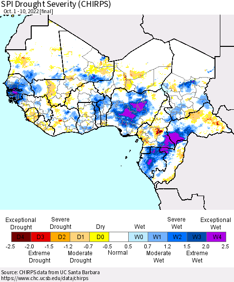 Western Africa SPI Drought Severity (CHIRPS) Thematic Map For 10/1/2022 - 10/10/2022