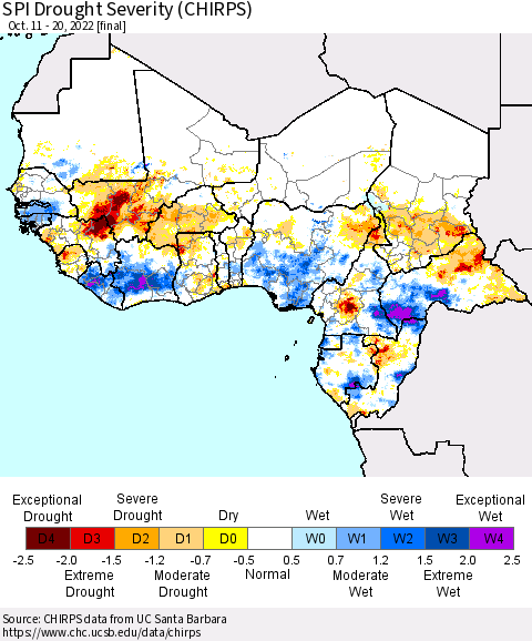 Western Africa SPI Drought Severity (CHIRPS) Thematic Map For 10/11/2022 - 10/20/2022