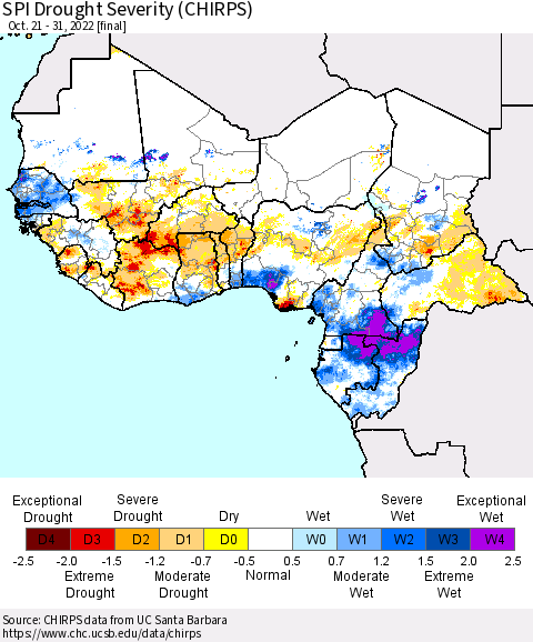 Western Africa SPI Drought Severity (CHIRPS) Thematic Map For 10/21/2022 - 10/31/2022