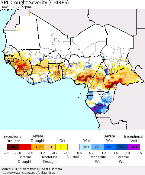 Western Africa SPI Drought Severity (CHIRPS) Thematic Map For 11/1/2022 - 11/10/2022