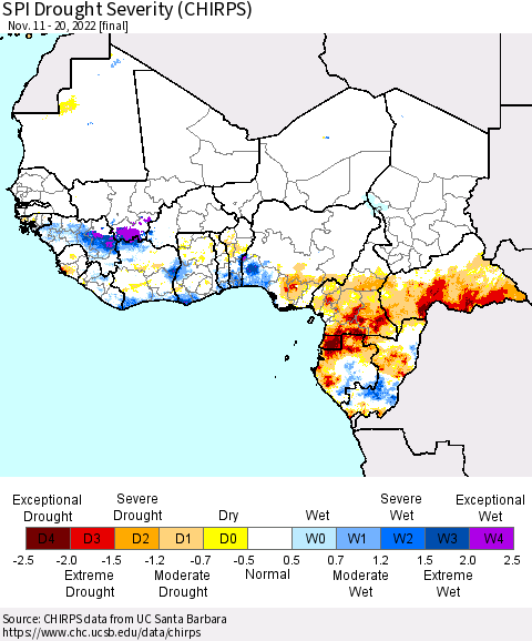 Western Africa SPI Drought Severity (CHIRPS) Thematic Map For 11/11/2022 - 11/20/2022